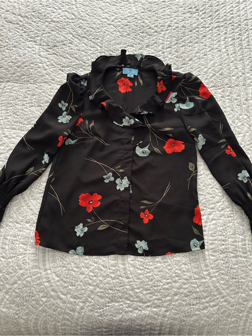CeCe Black Ruffle Collar Blouse with Red & Light Blue Floral Print